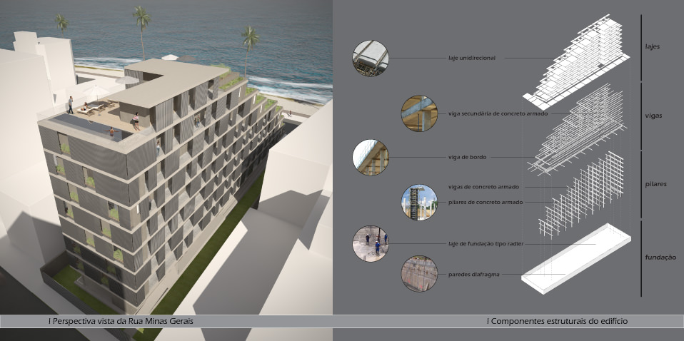 External visualization and exploded axonometric of components of the building